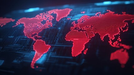 Poster - Red Digital World Map with Futuristic Technology and Data Visualization Elements for Creative Projects