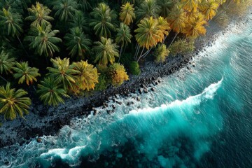 Poster - Vibrant tropical coastline at sunrise with lush palm trees and crashing waves