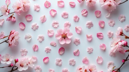 Poster - White background featuring a round floral pattern representing love and spring. Flat lay, top view.