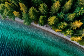 Poster - Serene view of a sandy shore lined with lush green trees near crystal clear water in a tranquil natural setting