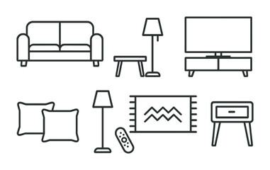 Poster - Home furniture outline icons set: sofa, lamp, tv, rug, remote, pillows, side table