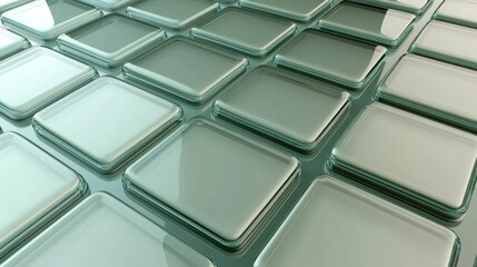 Leinwandbilder - Sleek 3D arrangement of varying sizes of translucent glass squares layered over a gradient of blue and white, with a clear area for text on the left