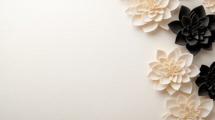 Poster - Overhead close-up shot displays an elegant floral arrangement in black, gold, and white, showcasing detailed petals on a smooth white surface with empty space