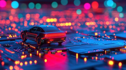 Poster - Futuristic Car Model on Vibrant Microchip Background with Colorful Lights and Neon Effects