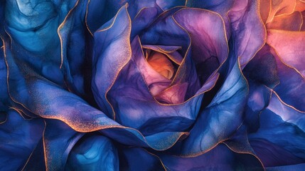 Leinwandbilder - Overhead close-up view of a stunning alcohol ink artwork showcasing swirling patterns in blue, pink, and gold, ideal for project backgrounds or creative designs