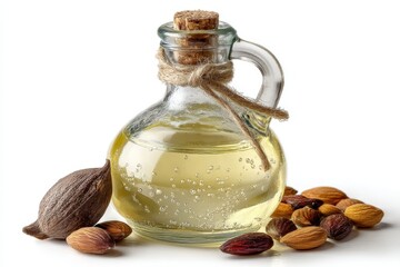 Poster - Oil bottle displayed with various nuts highlighting culinary ingredients and flavors found in natural cooking settings