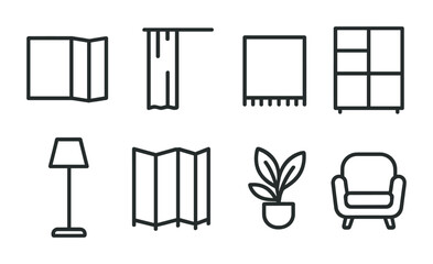 Poster - Minimalist linear home decor icon set - furniture, curtains, plants, shelves, and more