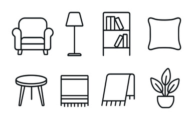 Poster - Cozy home decor icon set: linear style armchair, lamp, bookshelf, pillow, table, blanket, plant