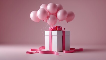 Poster - white gift box with red ribbon and balloon backdrop in minimal style
