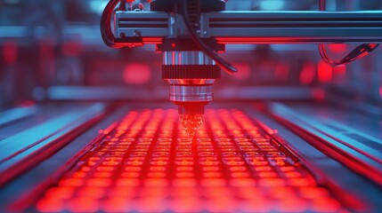 Poster - High-Tech Laser Printer in Industrial Warehouse with Bright Red Light and Complex Machinery Background