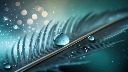 Poster - Close-up of a water droplet on a soft feather with sparkling bokeh and blurred background, capturing abstract and magical beauty