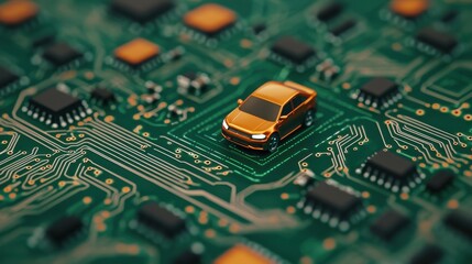 Poster - Tiny Orange Car Model Positioned on Electronic Circuit Board Surrounded by Microchips and Connectors