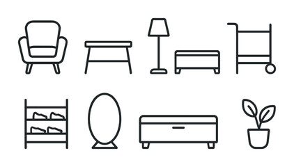 Poster - Home furniture outline icon set: chair, table, plant, lamp, shoe rack, trolley, mirror
