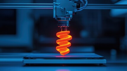 Poster - Vibrant Red 3D Printed Spiral Design in Advanced Manufacturing Studio Environment