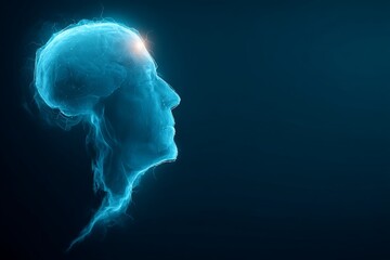 Aufkleber - Digital representation of a human brain silhouette with glowing elements against a dark background showcasing cognitive activity