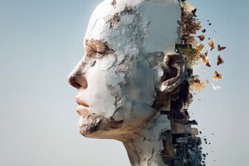 Aufkleber - Human face blending with nature and architecture in a creative sculpture during daylight hours