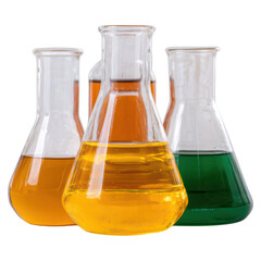 Poster - colorful laboratory glassware with various liquid solutions and chemicals, isolated on transparent b