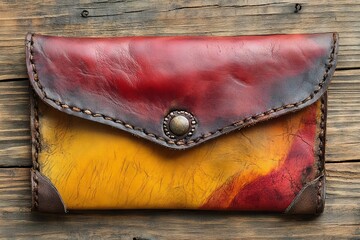 Poster - Handcrafted leather wallet showcasing vibrant red and yellow colors on rustic wooden surface