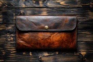 Poster - Crafted leather envelope wallet placed on a rustic wooden surface showcasing its rich texture and color