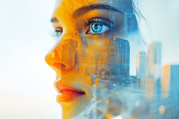 Poster - Young woman gazing thoughtfully with city skyline reflected in her profile during sunset