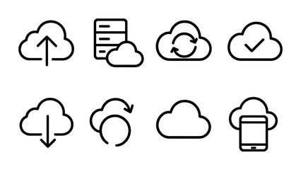 Poster - Cloud computing outline icons set: upload, download, server, sync, check, mobile