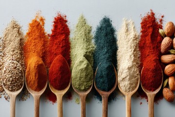 Aufkleber - Variety of colorful spices displayed in wooden spoons on a light background with almonds