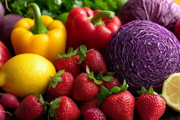 Poster - Vibrant assortment of fresh fruits and vegetables displayed on a table in a bright kitchen setting