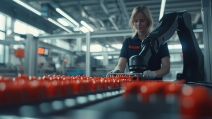 Poster - A robotic arm accurately places components onto a conveyor belt in a manufacturing facility, while a worker monitors from behind a safety barrier, ensuring efficiency