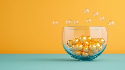 Poster - Colorful glass bowl filled with shiny spheres and floating bubbles on vibrant yellow and turquoise background