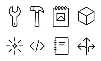 Poster - Set of 3d black linear icons featuring tools, notebook, cube, and arrows