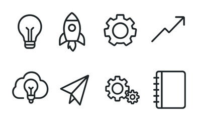 Poster - Innovative business icon set: 8 linear icons featuring rocket, lightbulb, and more