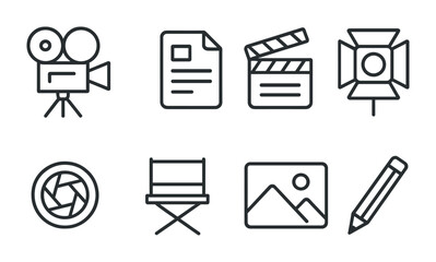 Poster - Film production icons set - linear style: camera, script, clapperboard, light, director's chair