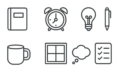 Poster - Essential office tools icons: linear style set featuring clock, notebook, coffee mug, lightbulb