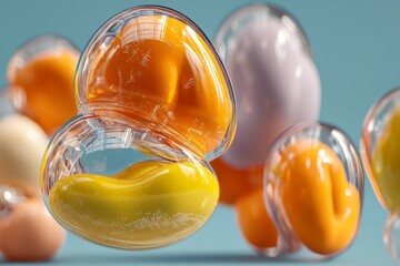 Aufkleber - Colorful laundry detergent pods scattered against a light blue background in a modern setting