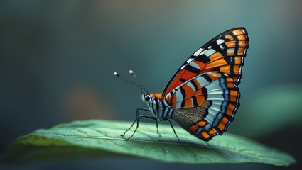 Poster - A stunning butterfly resting on a lush green leaf, highlighting its vibrant colors and detailed patterns
