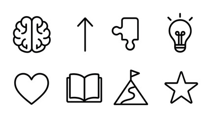 Poster - Minimalist linear icon set - brain, arrow, puzzle, bulb, heart, book, mountain, star