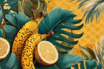Aufkleber - Bright tropical fruit arrangement with bananas and lemon on vibrant foliage backdrop