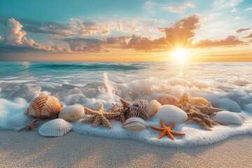 Aufkleber - Sunrise over a tranquil beach with seashells and starfish lining the shore