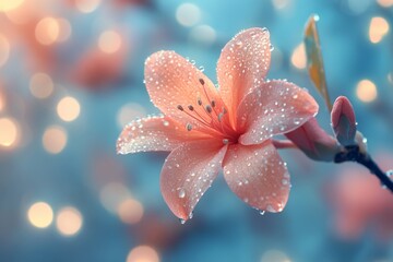 Aufkleber - Delicate pink flower covered in droplets shines against a softly blurred background in a tranquil garden setting