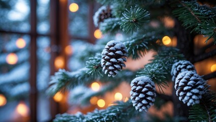 Poster - Abstract geometric snow-covered Christmas tree with pine cone decorations and vibrant ambient lighting
