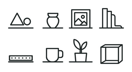 Poster - Minimalist linear icon set: geometry, vase, art, books, harmonicas, mug, plant, cube