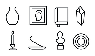 Poster - Elegant line art icon set: vase, portrait, book, crystal & more for interior design
