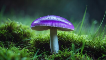 Poster - A striking purple mushroom among verdant moss creates a vivid and enchanting woodland scene.