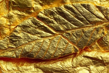 Poster - Golden leaves delicately placed on shimmering gold foil, showcasing vibrant patterns and textures in natural light