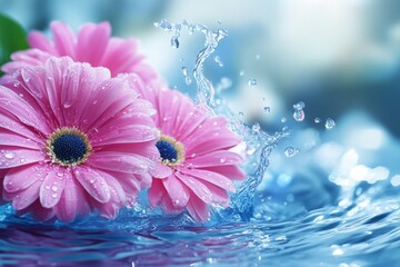 Poster - Vibrant pink flowers splashing in clear water create a refreshing natural display in a serene setting