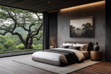 Poster - A bedroom with minimalist design, featuring an oak bed and side tables. The room has large windows that provide natural light and a view of the outdoors. It includes neutral-colored walls, white