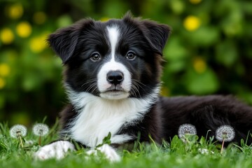 Poster - A black and white border collie puppy lying in the grass, surrounded by dandelions with a blurred background. The dog has a soft coat and is looking at the camera. It's an outdoor setting with