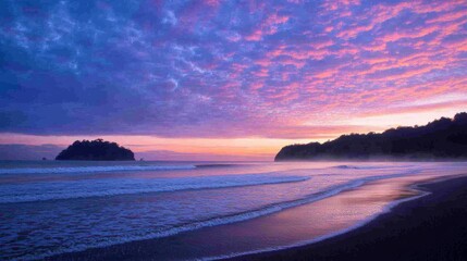 Aufkleber - Vibrant purple hues fill the sky as gentle waves lap against a serene beach during sunset, creating a peaceful atmosphere with warm colors on the horizon