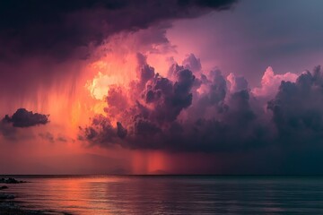 Poster - Dramatic sunset over calm waters with vibrant storm clouds approaching