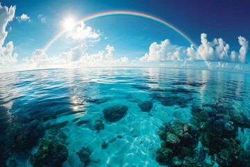Aufkleber - Stunning tropical ocean view with clear waters, vibrant coral reef, and a brilliant rainbow in the sky